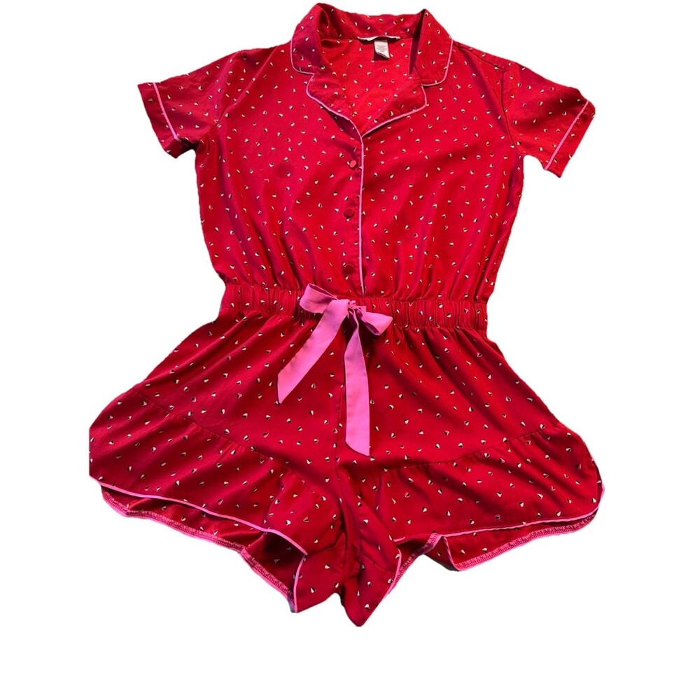 Victoria's Secret Satin Romper Red Pink Hearts Ruffle Women’s Size Small